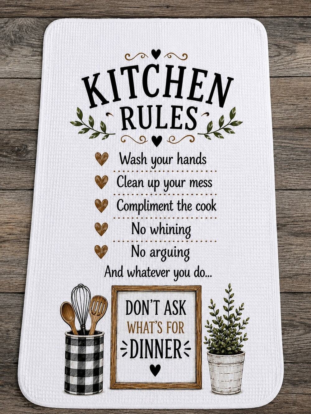 Funny Kitchen Rules Towel Don't Ask What's for Dinner Farmhouse Decor